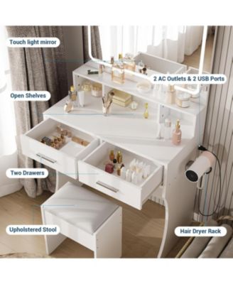 White 2-Drawer Lighted Vanity Desk, Sleek Makeup Dressing Table for Bedrooms
