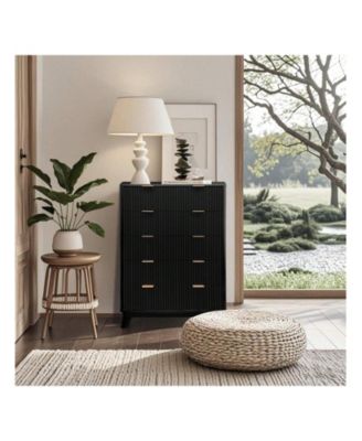 Tall 5-Drawer Wood Dresser, Waveform Fluted Panel Modern Chest of Drawers for Bedroom Clothes Storage