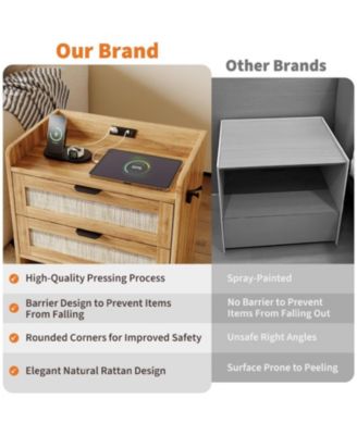 Set of 2 Walnut Brown Rattan Nightstands, 2-Drawer Bedside Table with Type-C Charging Station