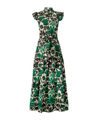 Women's Printed Ruffle-Sleeve Maxi Dress with Tie Waist