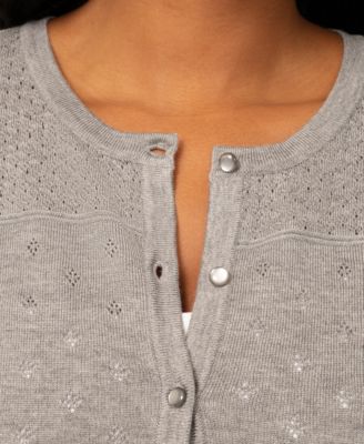 Petite Diamond Pointelle Button Crewneck Cardigan Sweater