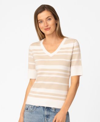 Petite Textured Stripe V-Neck Sweater