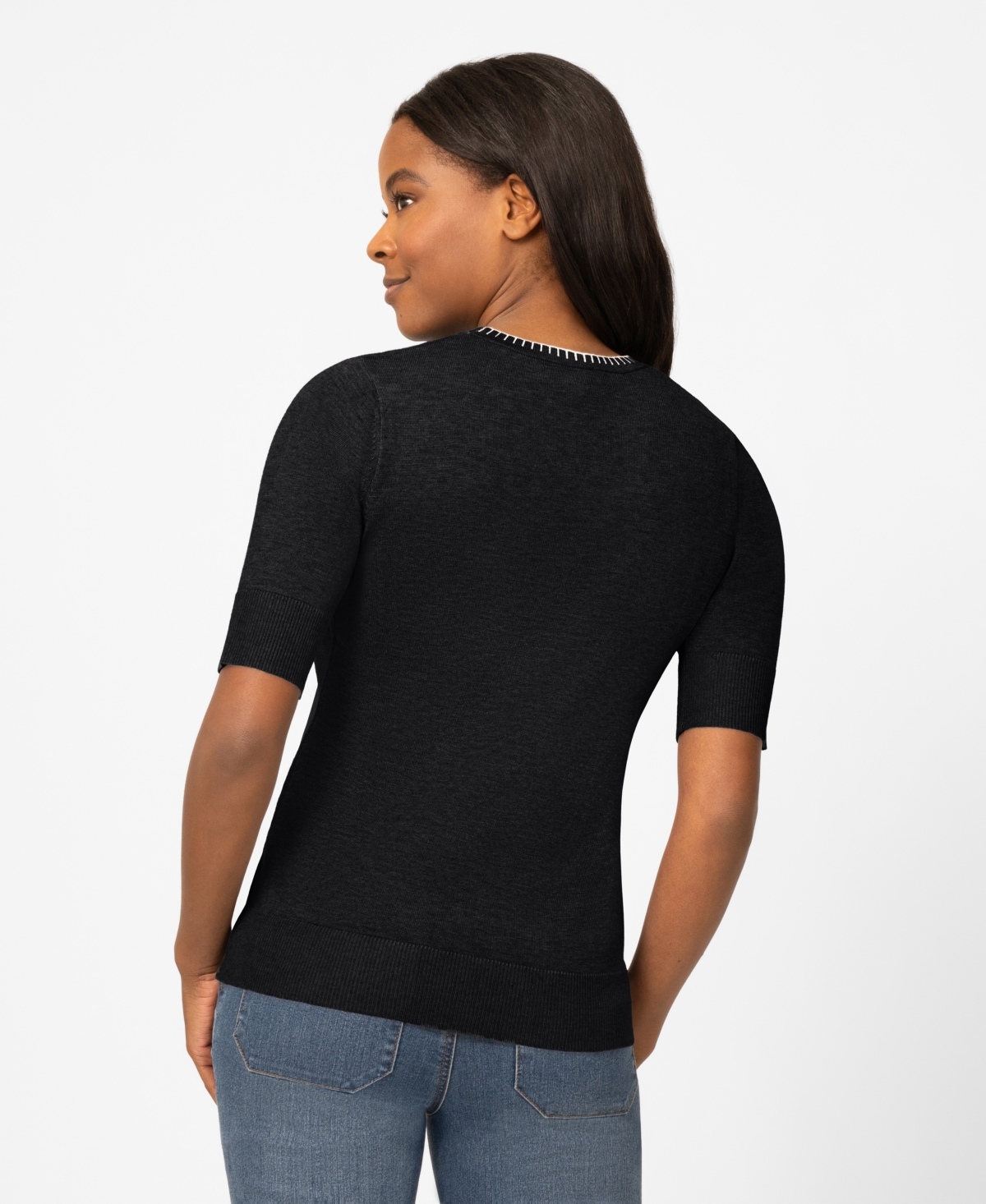 Melissa Paige Petite Whip Stitch Elbow-Sleeve Crewneck Sweater