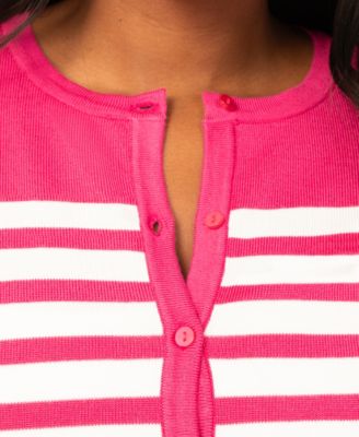 Petite Mixed Stripe Button Crewneck Cardigan Sweater