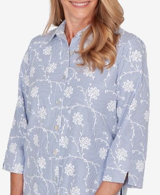 Petite Classics Puff Print Pinstripe Embroidered Collared Top