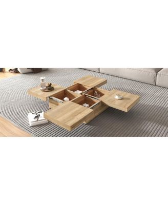 Square Veneer Coffee Table Sliding Top with Storage in Natural Wood Grain 39.4"