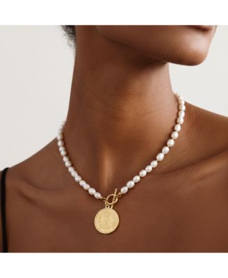 Pearl Necklace with Gold Coin Pendant & Toggle Clasp