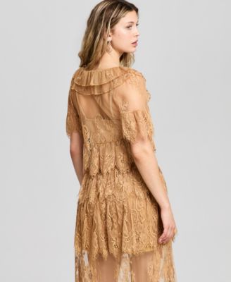 Women's Lace Short-Sleeve V-Neck Ruffle Woven Top