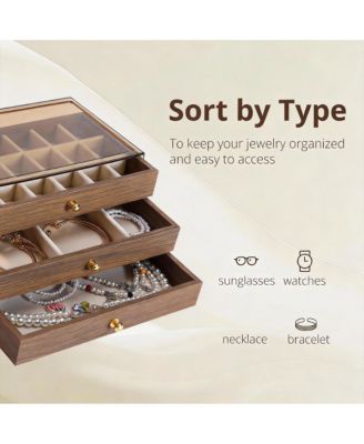 3-Layer Acrylic & Wood Jewelry Organizer with Velvet Lining