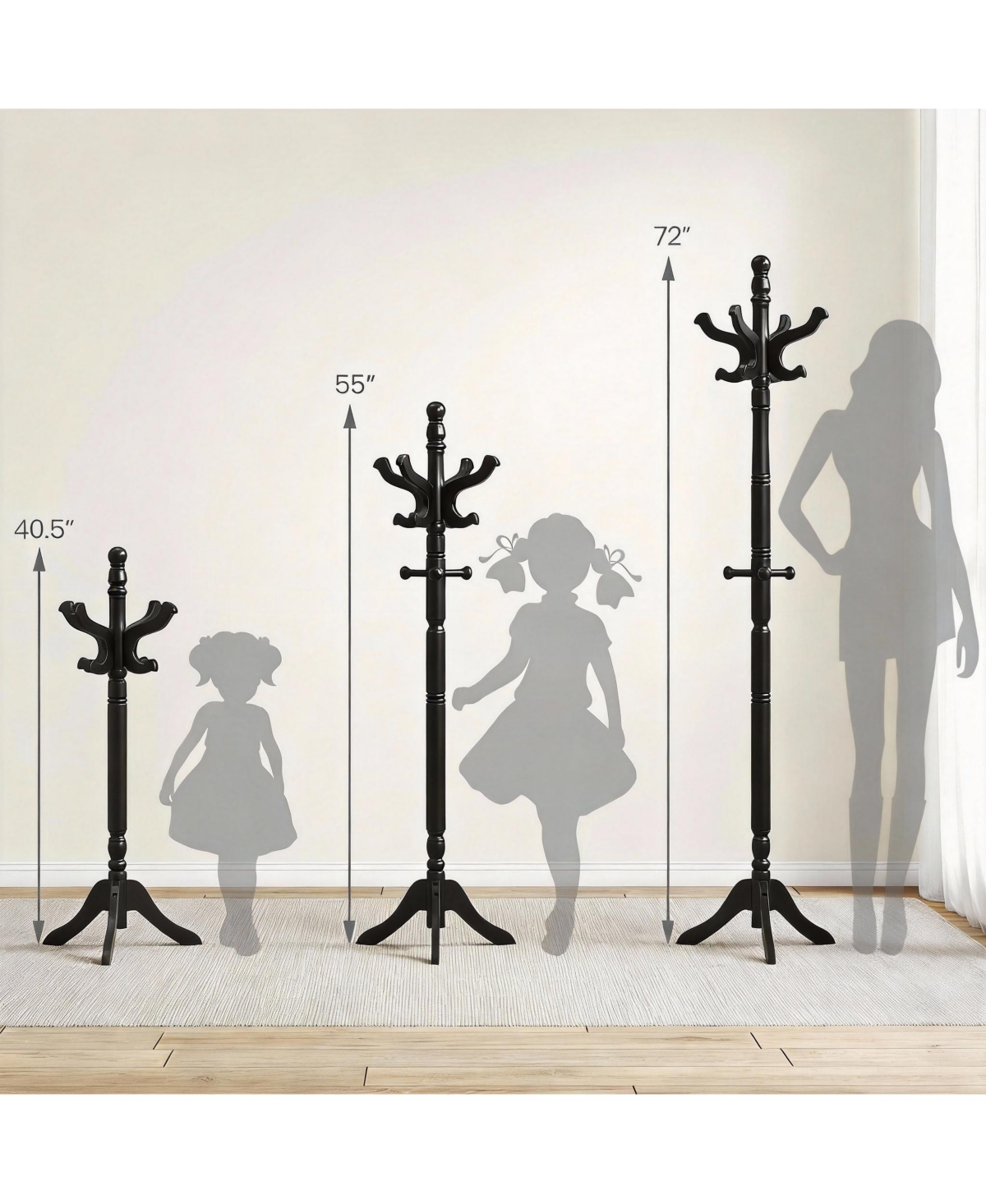 Yigii Adjustable Height Coat Rack with 11 Hooks, Solid Rubber Wood