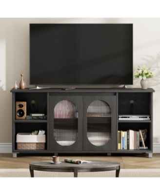 70 Inch TV Stand with Corrugated Glass Doors, Rustic Entertainment Center for Living Room