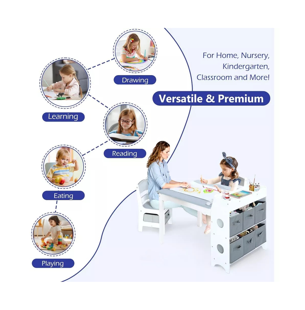 Kinder King 3-in-1 Kids Table and 2 Chairs Set with Storage, Removable Top Chalkboard for Art, Crafts, Reading