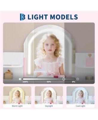 2-in-1 Kids Vanity Set, Lighted Mirror Table with Stool & Storage Bookshelf