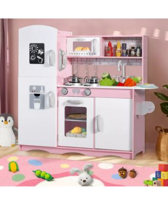 Wooden Kids Play Kitchen, Toy Kitchen Playset, w/Oven, Microwave, for Boys Girls Age 3+
