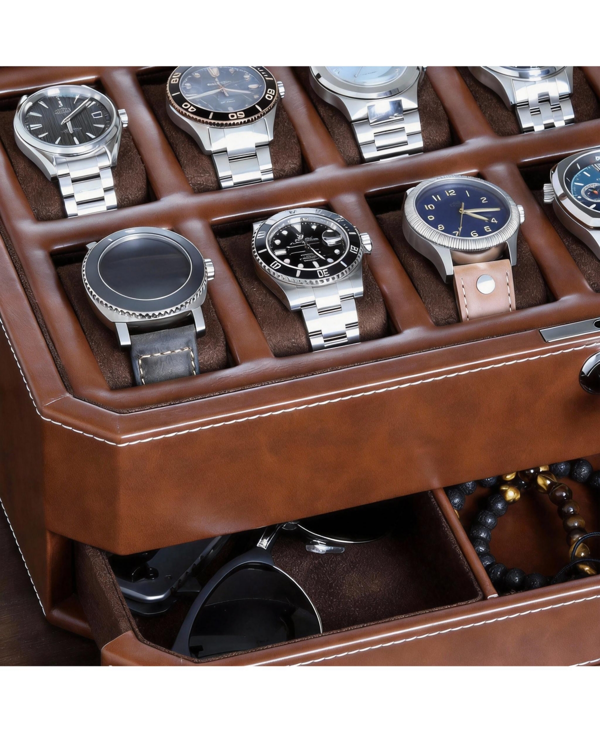 Yigii Luxury Watch Box - 12 Watches, Pu Leather, Glass Lid, Accessory Drawer