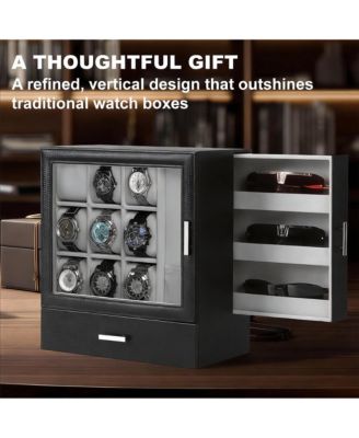 9-Slot Vertical Watch Case for Men with Necklace Display and 3-Tier Drawer