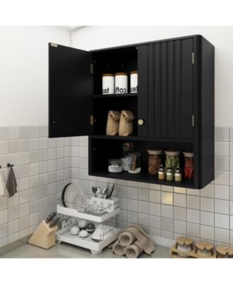 Fluted Bathroom Wall Storage Cabinet with Open Shelf Organizer
