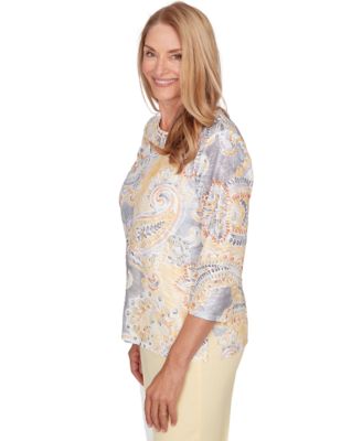 Petite Paisley Printed Patch Crewneck Top