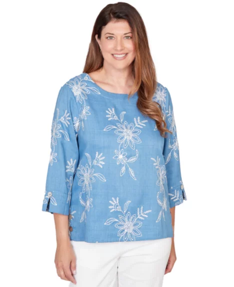 Petite Classics Tossed Floral Embroidered Crewneck Top - Blue