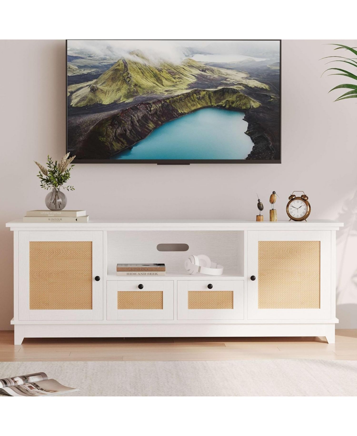 gaomon Rattan Tv Stand, Boho Entertainment Center for 65 Inch Tv, Tv Console with 2 Cabinets & Adjustable Shelf