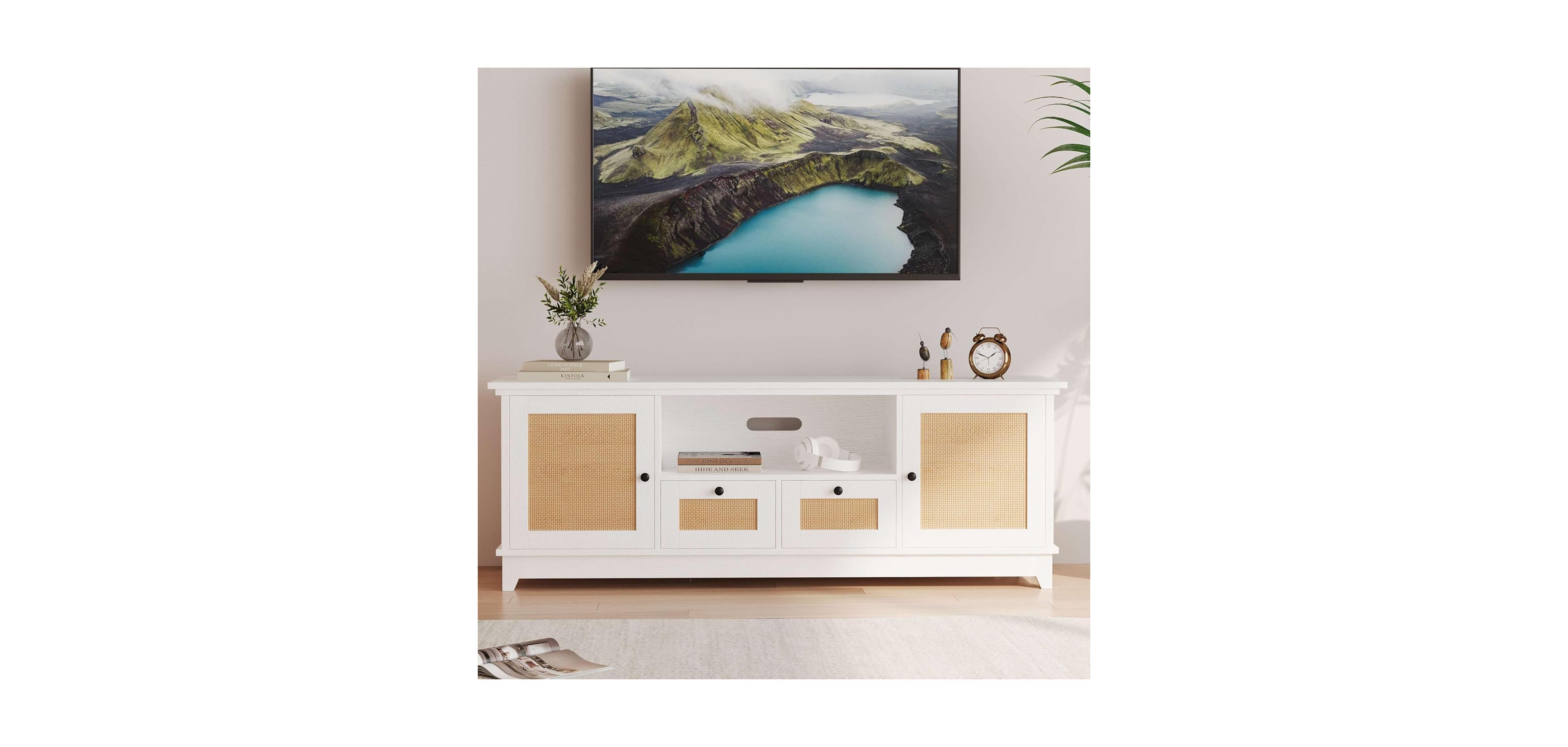 gaomon Rattan Tv Stand, Boho Entertainment Center for 65 Inch Tv, Tv Console with 2 Cabinets & Adjustable Shelf