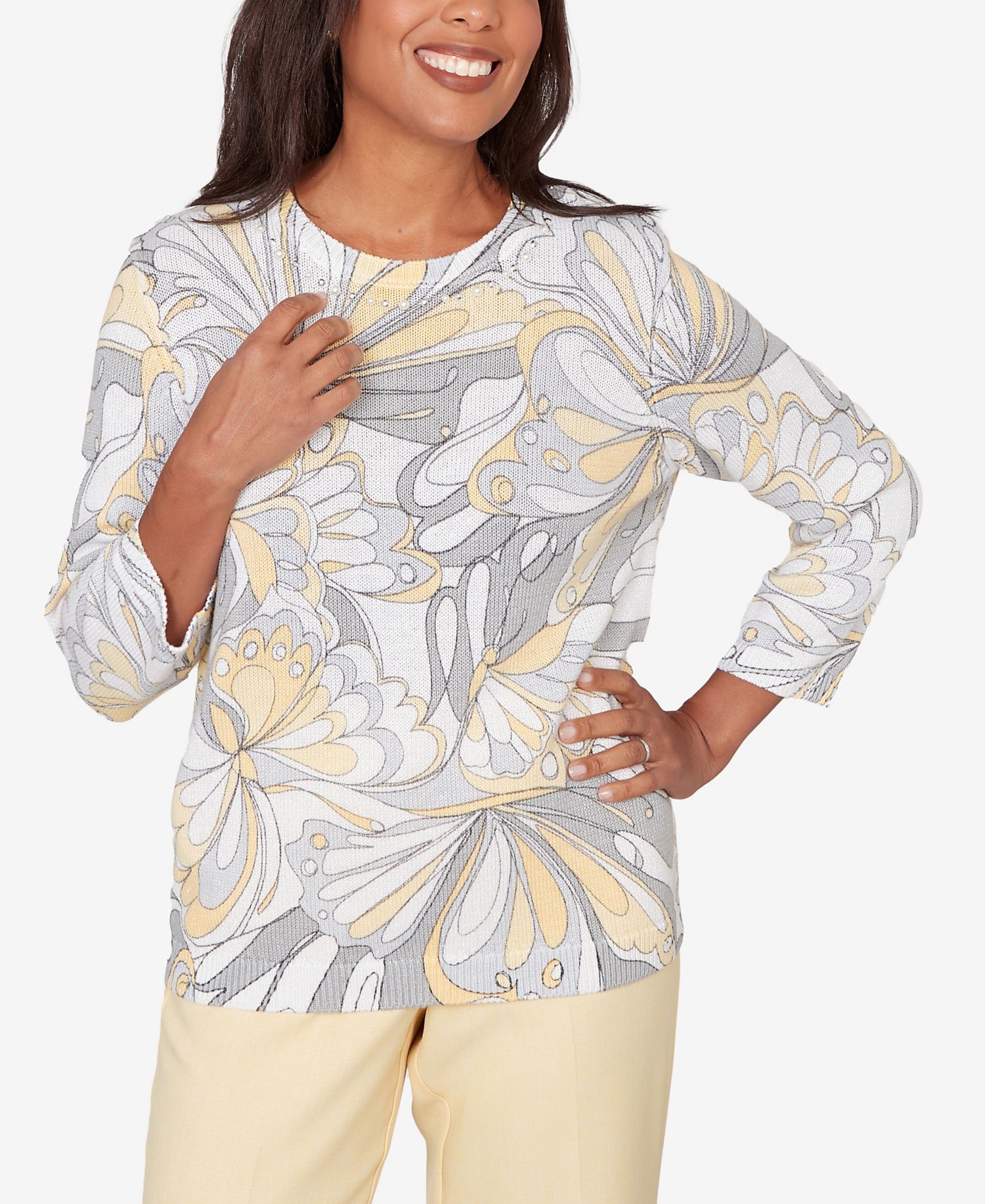 Petite Al Fresco Abstract Butterfly Ribbed Crew Neck Sweater