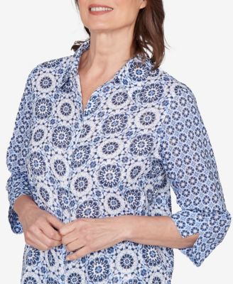 Petite Mykonos Geometric Button Front Collared Top