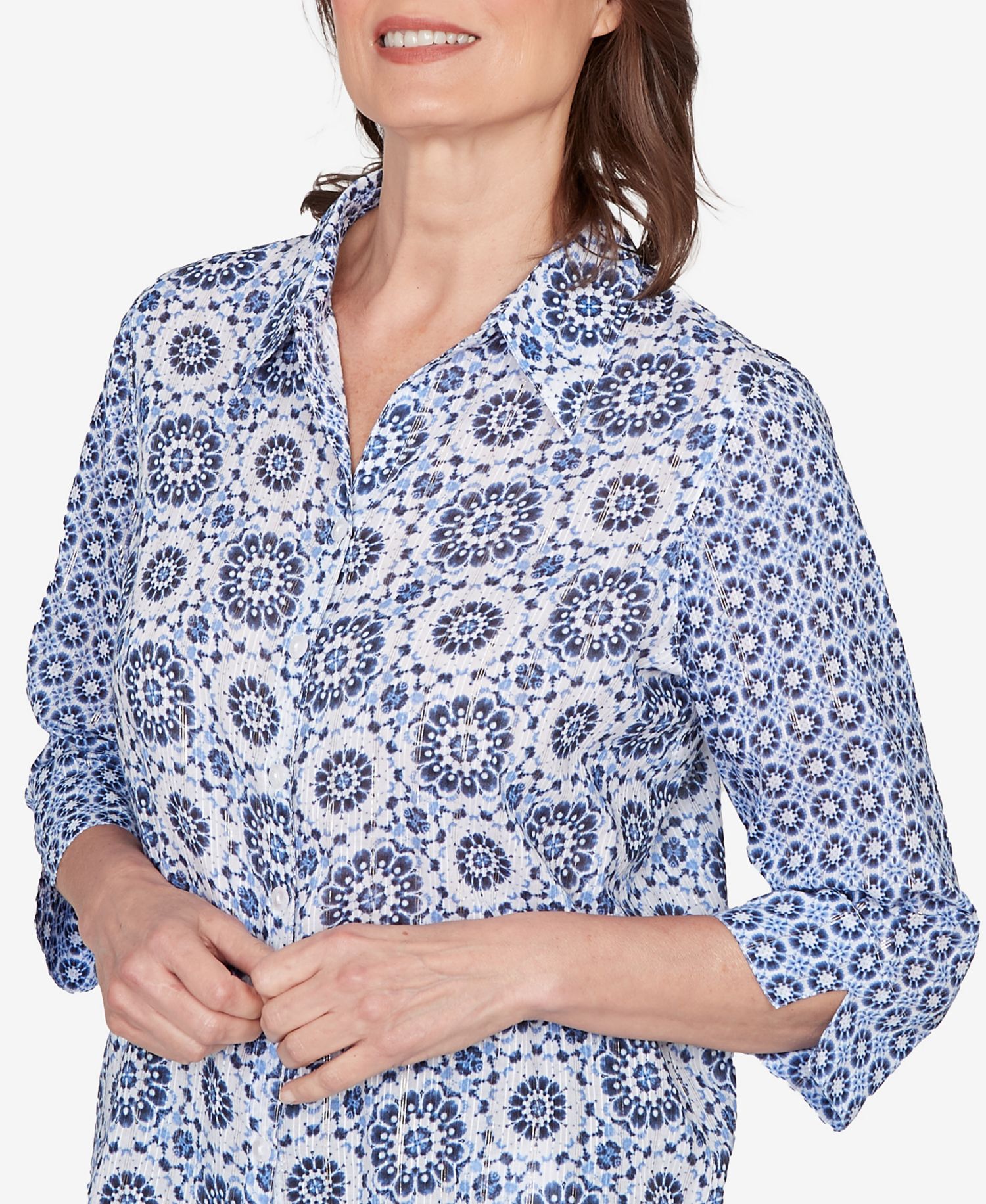 Petite Mykonos Geometric Button-Front Collared Top