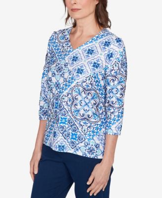 Petite Mykonos Aegean Tile V Neck Top