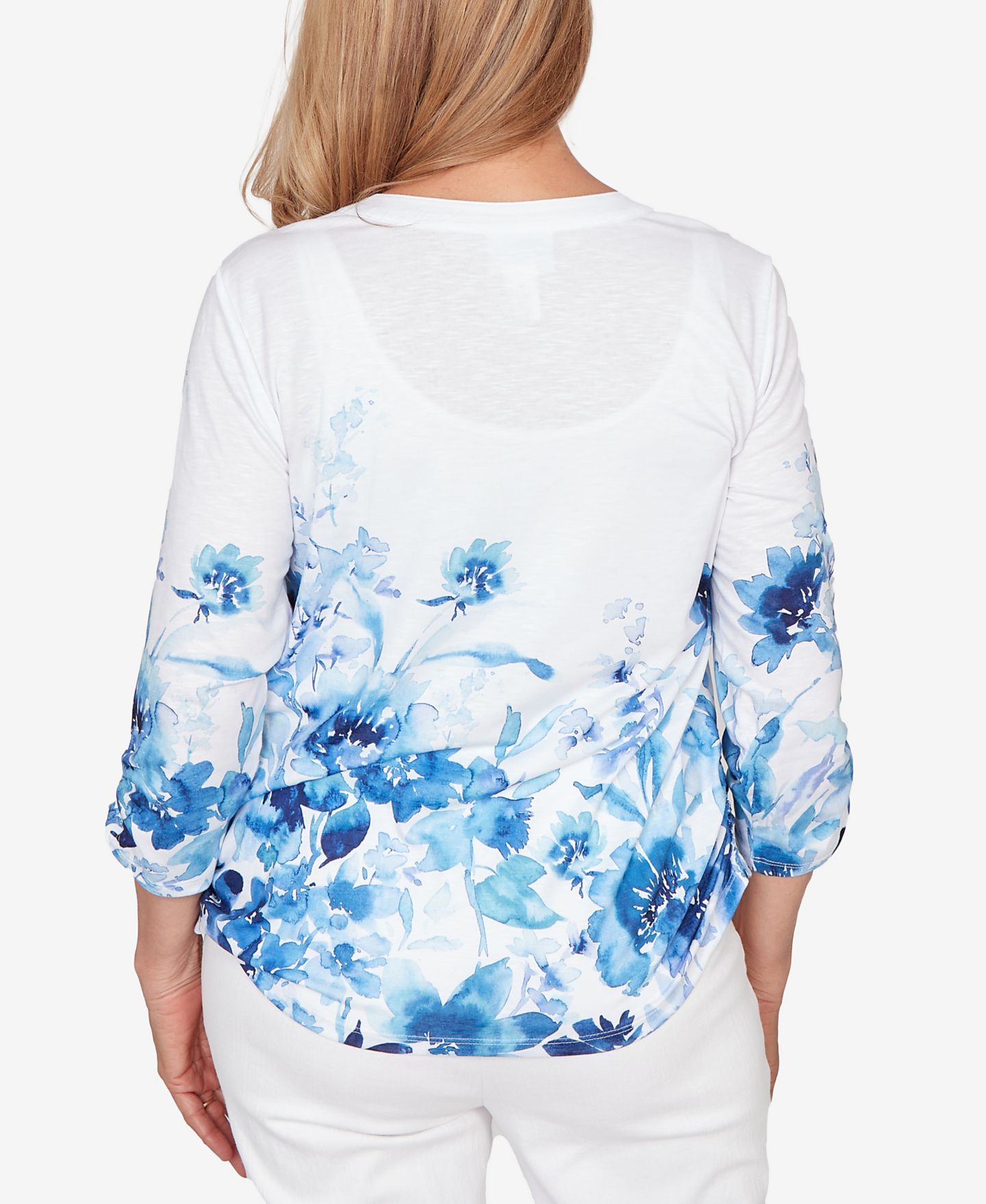 Женский топ Alfred Dunner Petite Mykonos Watercolor Floral Border Henley, цвет: Синий разноцветный — фото 5