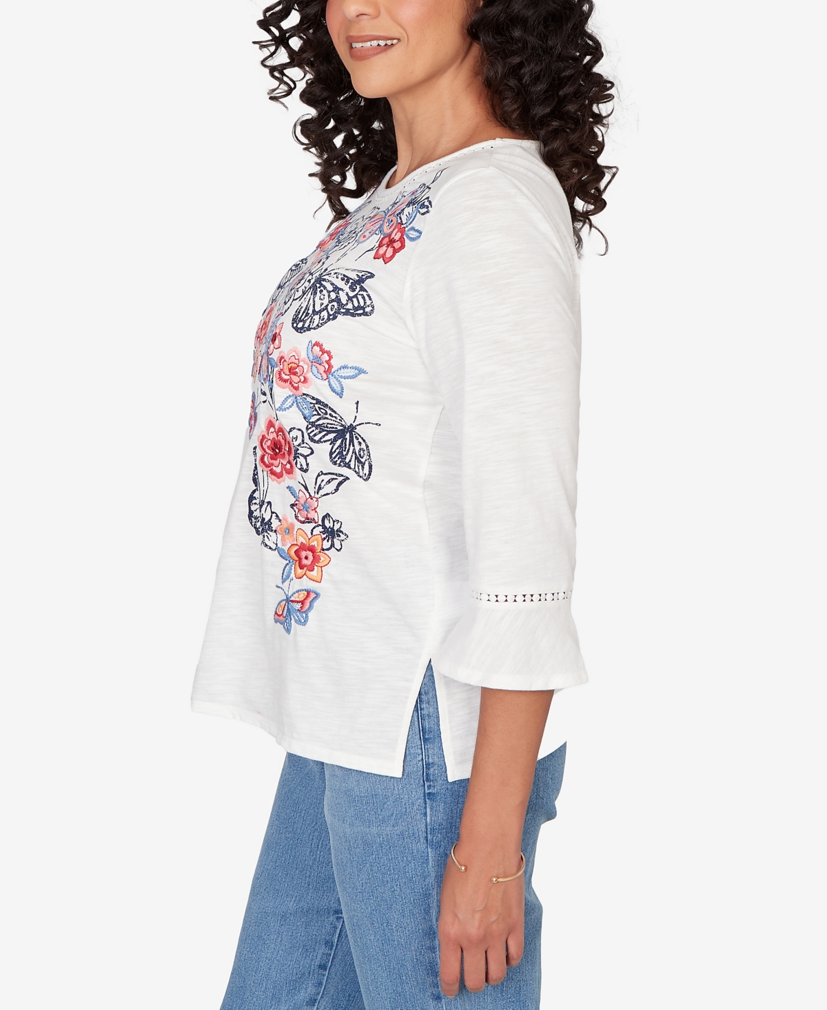 Alfred Dunner Petite Austin Embroidered Butterfly Crew Neck Knit Top