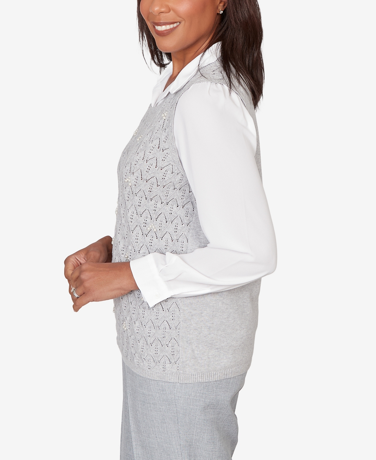 Alfred Dunner Petite Al Fresco Pointelle Mother of Pearl Lace Two One Sweater