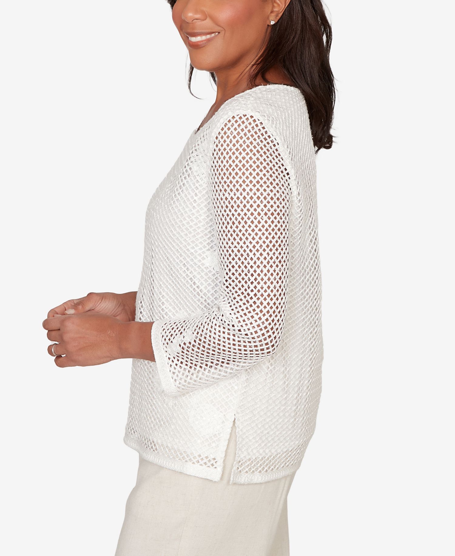 Petite Natural Wonder Sequin Mesh Flower Top