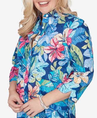 Petite The Royal Treatment Tropical Eyelet Button Down Top