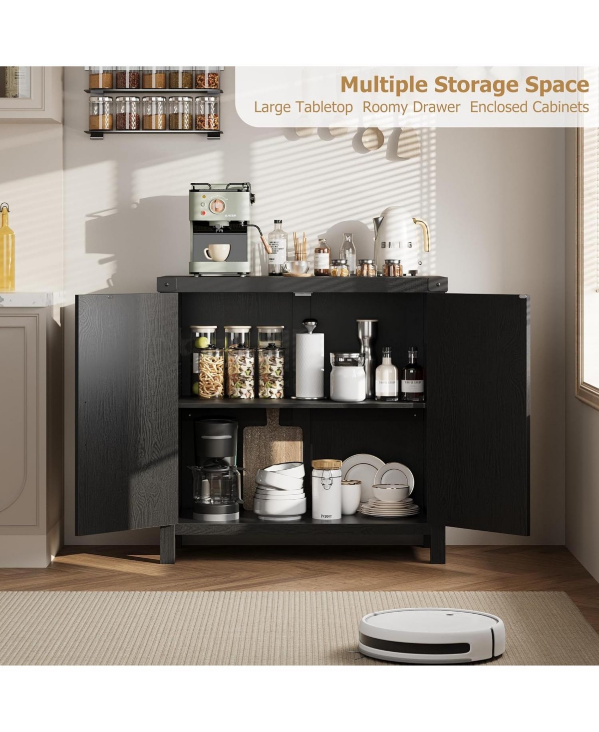 Gaomon Rattan Sideboard Buffet Cabinets with Storage, Farmhouse Kitchen Accent Storage Cabinet, Boho Wooden Coffee Bar Cabinet for Dining Room