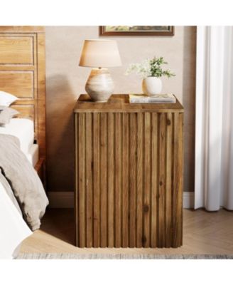 Solid Wood Square End Table with Storage, Fluted Side Table for Living Room, Mid-Century Modern Bedside Nightstand with Removable Lid