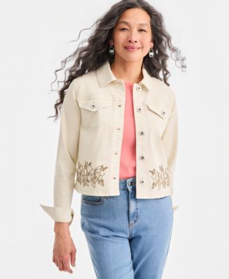 Petite Cropped Embroidered Denim Collared Jacket