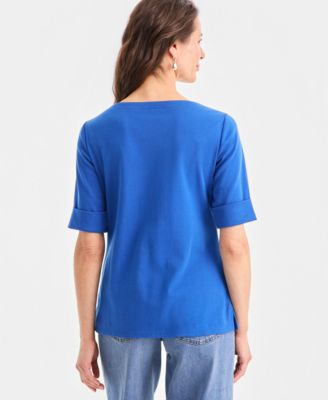 Women's Boat-Neck Elbow Sleeve Cotton Top
