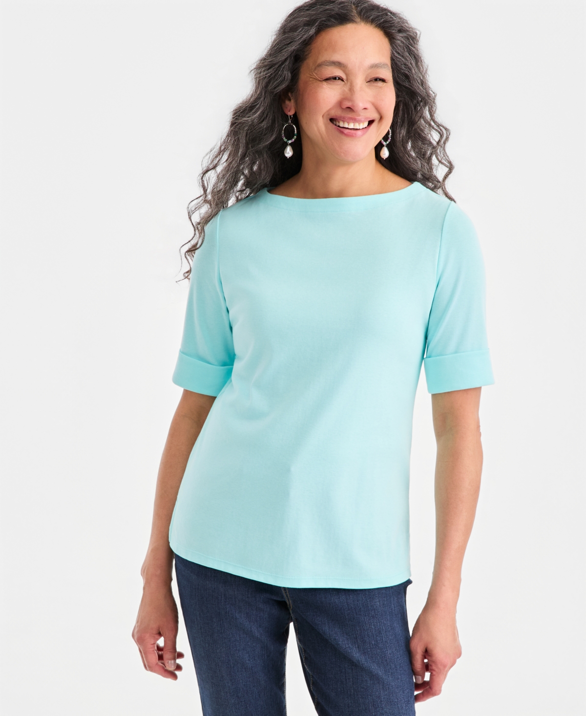 Style & Co Women's Boat-Neck Elbow Sleeve Cotton Top, Exclusively at Macy's