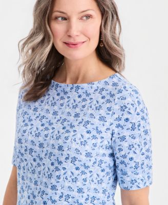 Women's Printed Boat-Neck Elbow-Sleeve Top