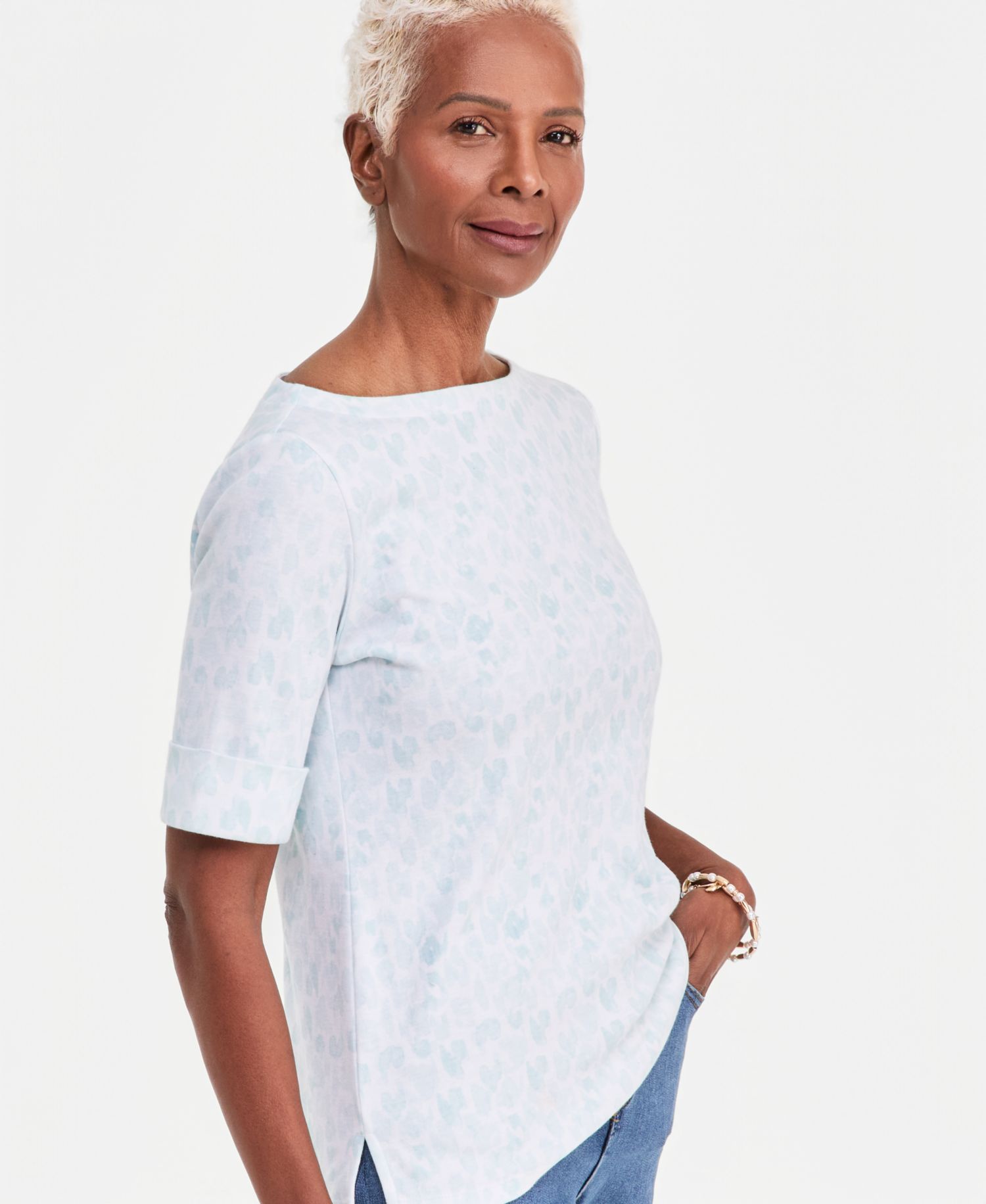 Petite Elbow-Sleeve Boat Neck Knit Top