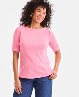 Women's Printed Boat-Neck Elbow-Sleeve Top