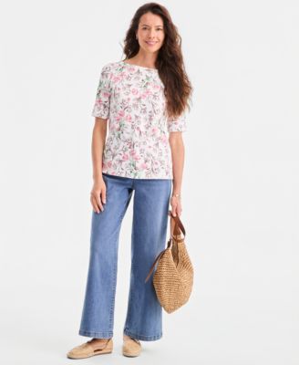 Women's Printed Boat-Neck Elbow-Sleeve Top