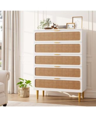 Rattan 5-Drawer Tall Dresser, Large Storage Chest with Deep Drawers and Wide Top for Bedroom, Closet or Hallway