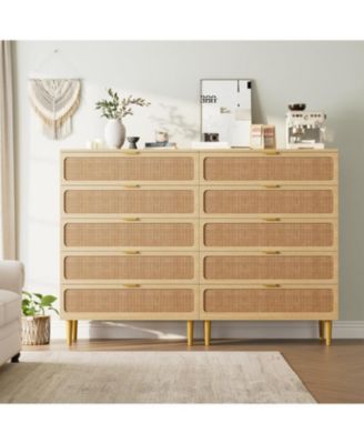 Rattan 5-Drawer Tall Dresser, Large Storage Chest with Deep Drawers and Wide Top for Bedroom, Closet or Hallway