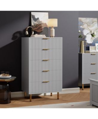 Fluted 5 Drawer Storage Dresser, Tall Chest with Deep Drawers and Wide Top, Wooden Organizer for Living Room or Kids Room