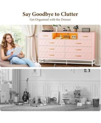 8 Drawer Dresser for Bedroom, Pink Dresser with Led Light, 55 Inch Tv Stand Dressers with Power Outlet