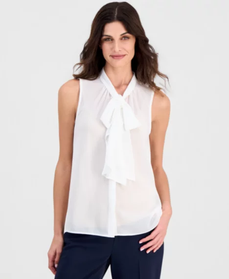 Petite Sleeveless Ruffle Bow Tie Blouse - Ivory