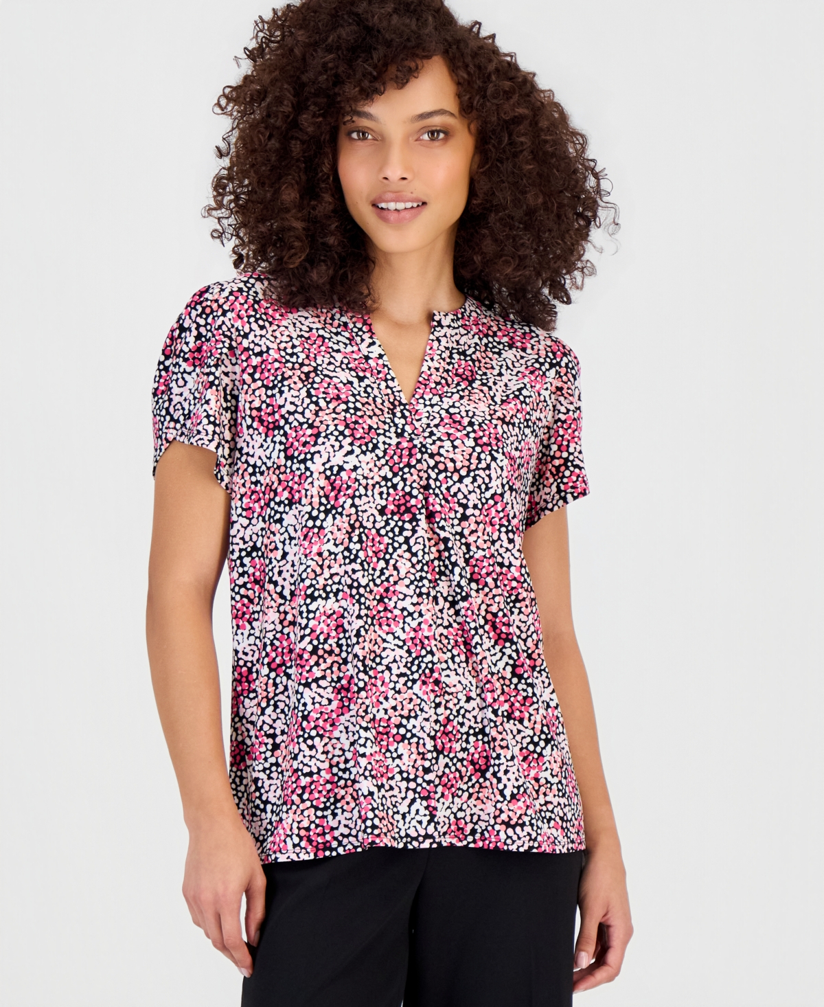 Anne Klein Essentials Petite Printed Tulip-Sleeve Top