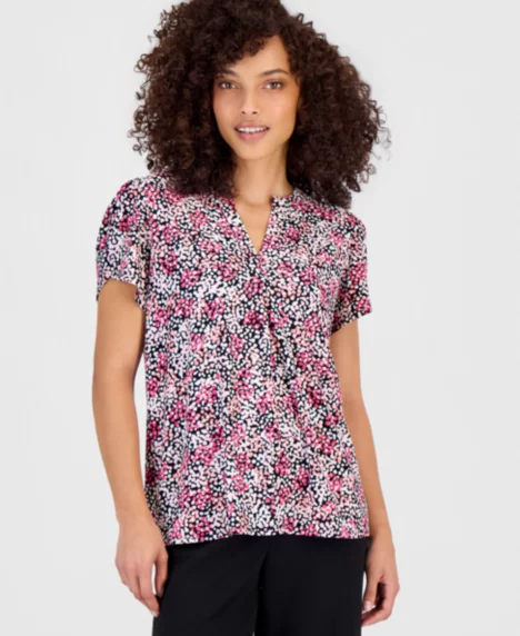 Petite Printed Tulip-Sleeve Top - Pink Berry Multi